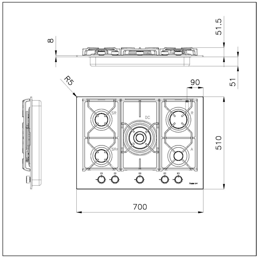 Cocina Foster 7043 632: vidrio templado, 5 fuegos, doble corona, diseño moderno