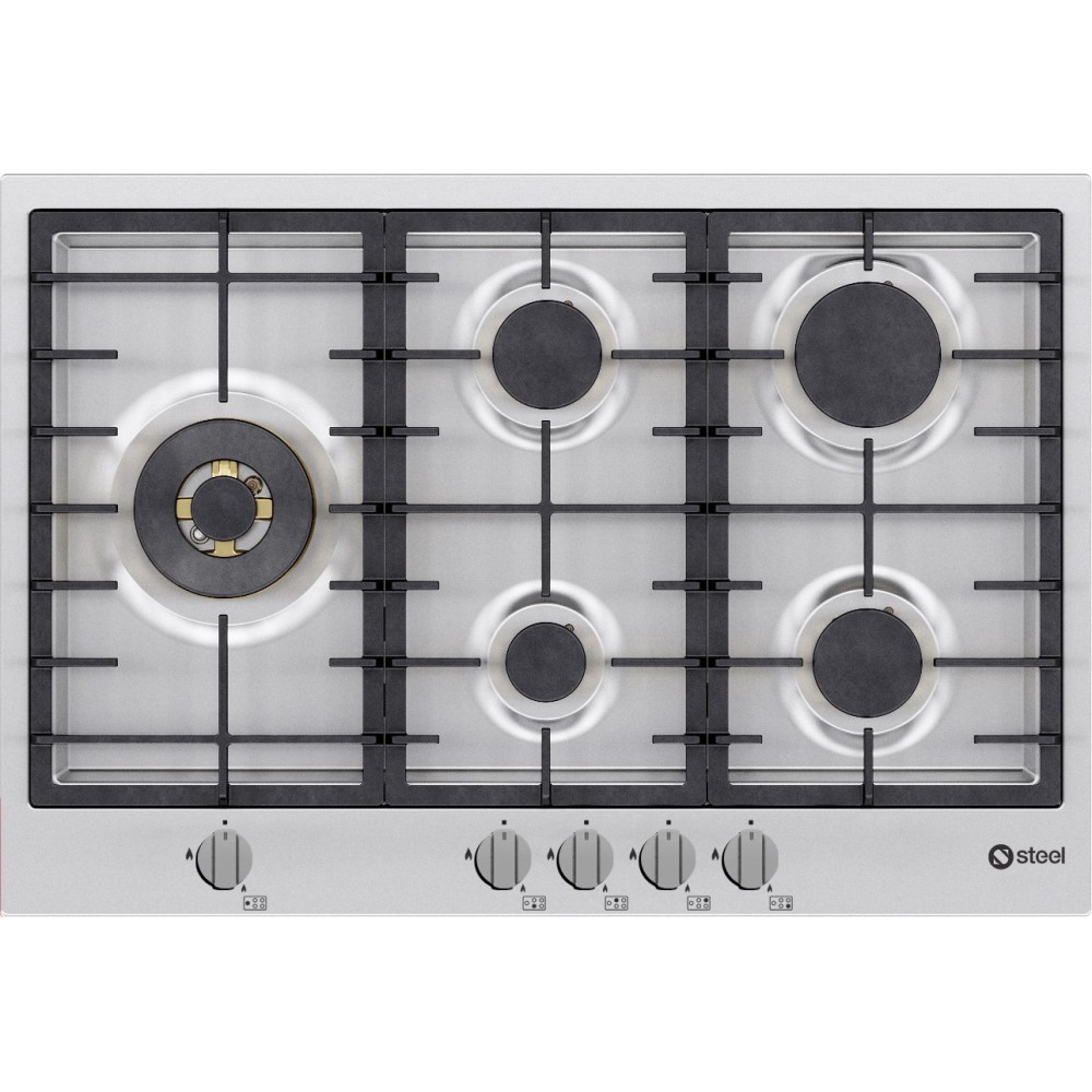Steel GP7B-5 | Piano Cottura a Gas 75cm | 5 Bruciatori in Ottone | Potenza Professionale