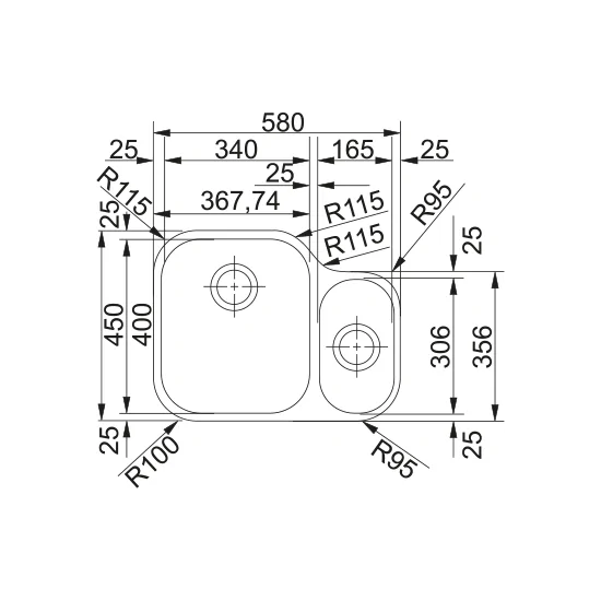 Franke AMX 160: Satin stainless steel kitchen sink, undertop installation, 2 tubs