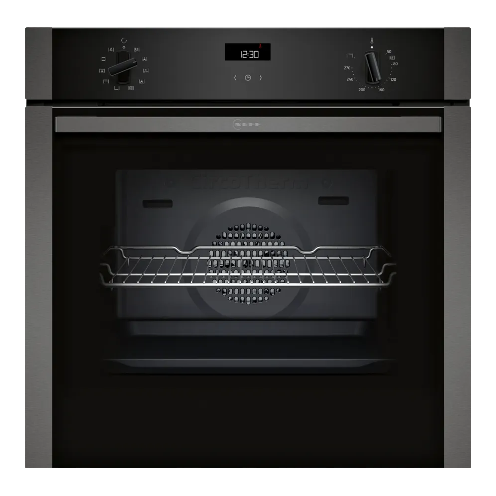 Disfrute de la experiencia Neff con horno pirolítico, EasyClean y Mostrar gris grafito rojo