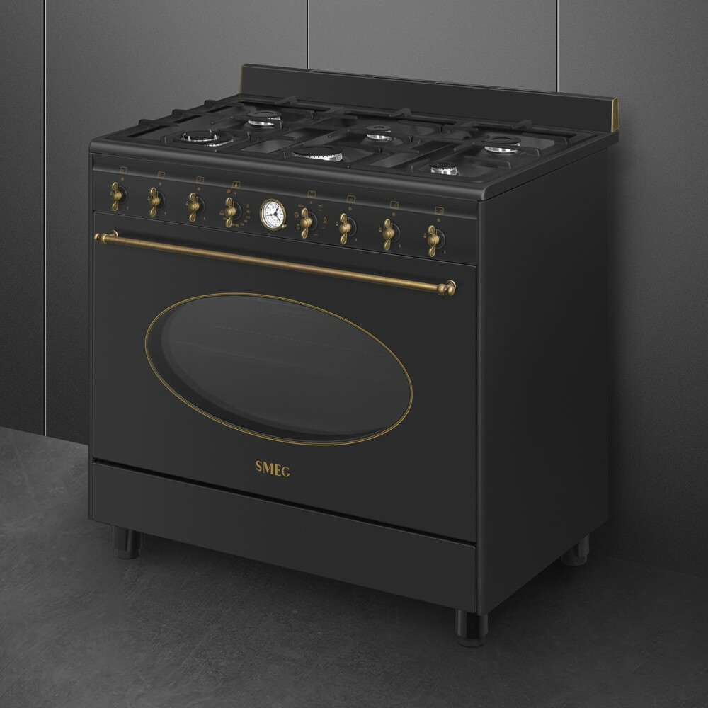 Smeg CO96GMA9 Piano Cottura Gas 90x60 cm - Antracite, Manopole Ottone Anticato | Stile Coloniale