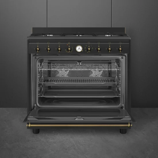 Smeg CO96GMA9 Klavier Cottura Gas 90x60 cm - Anthrazit, Manopole Ottone Anticato | Kolonialstil