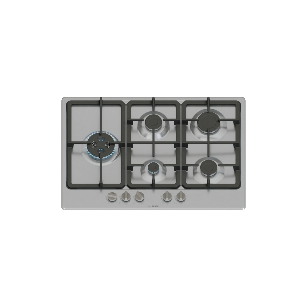 Plan de cuisson à gaz Bosch PGM7B5K90 - 75 cm, 5 brûleurs, Acier inoxydable, Grilles en fonte lavable