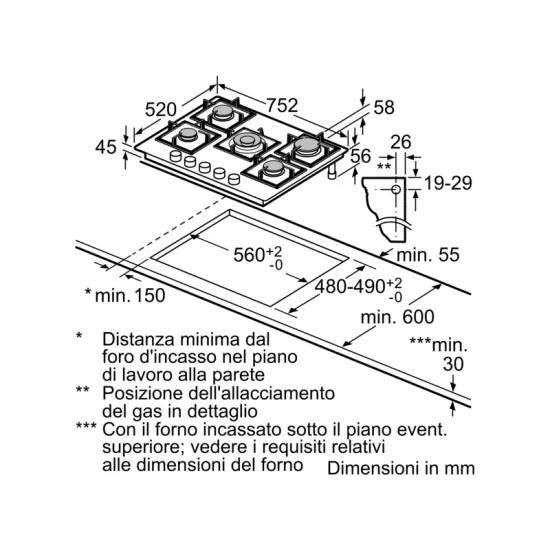 Piano cottura gas BOSCH PPQ7A6I40 - 5 bruciatori, FastWok 4 kW, vetro temperato | DueG Store