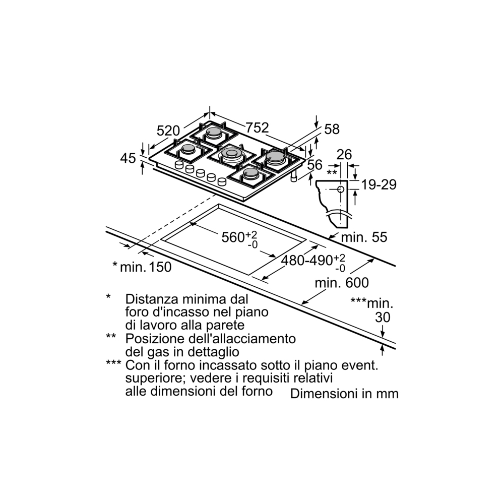 Piano cottura gas BOSCH PPQ7A6I40 - 5 bruciatori, FastWok 4 kW, vetro temperato | DueG Store
