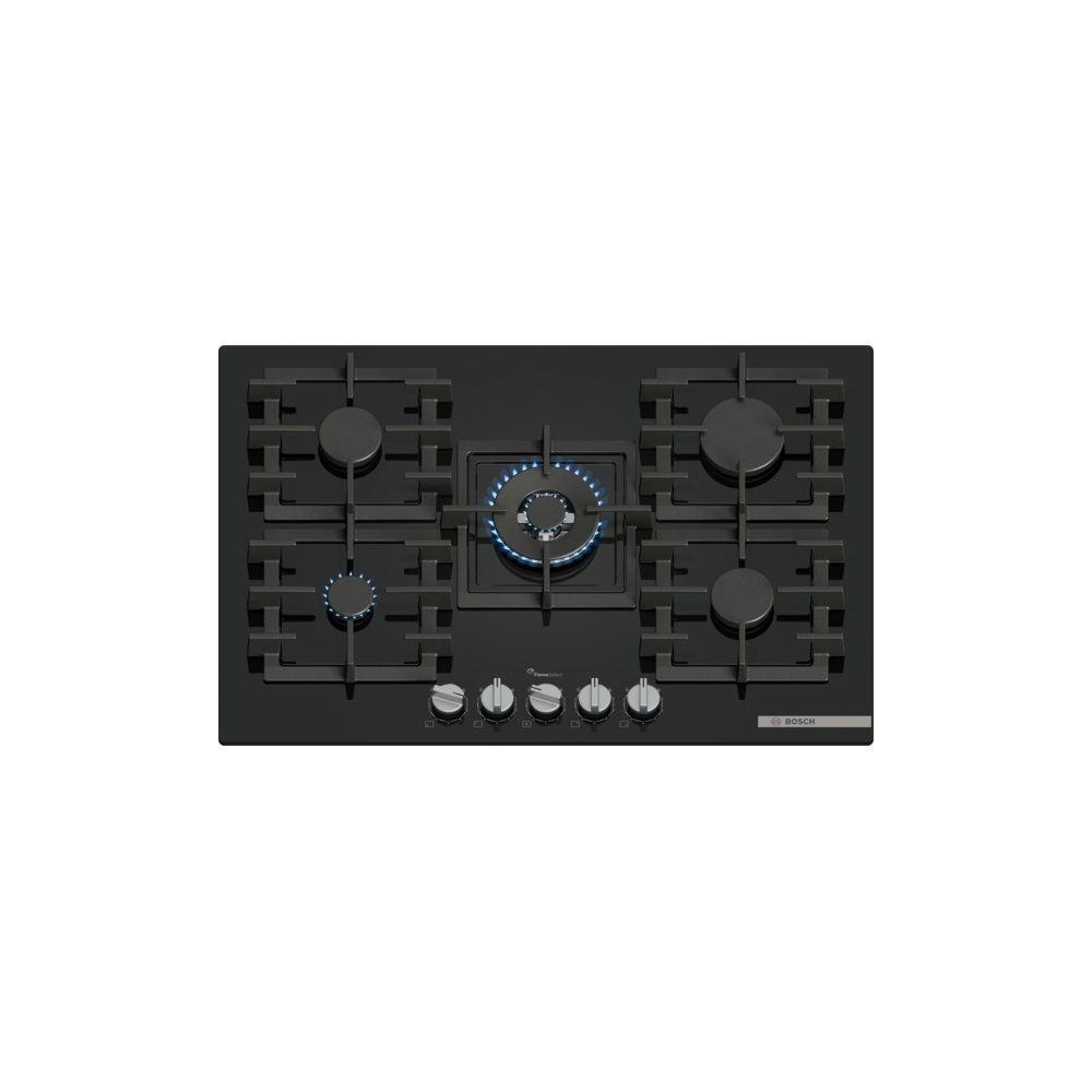 BOSCH PPQ7A6I40 - 5 brûleurs, FastWok 4 kW, verre noir trempé 75 cm