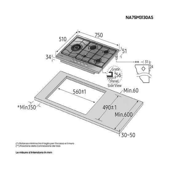 Samsung NA75M3130AS: план приготовления газа 75 см, 5 горелок