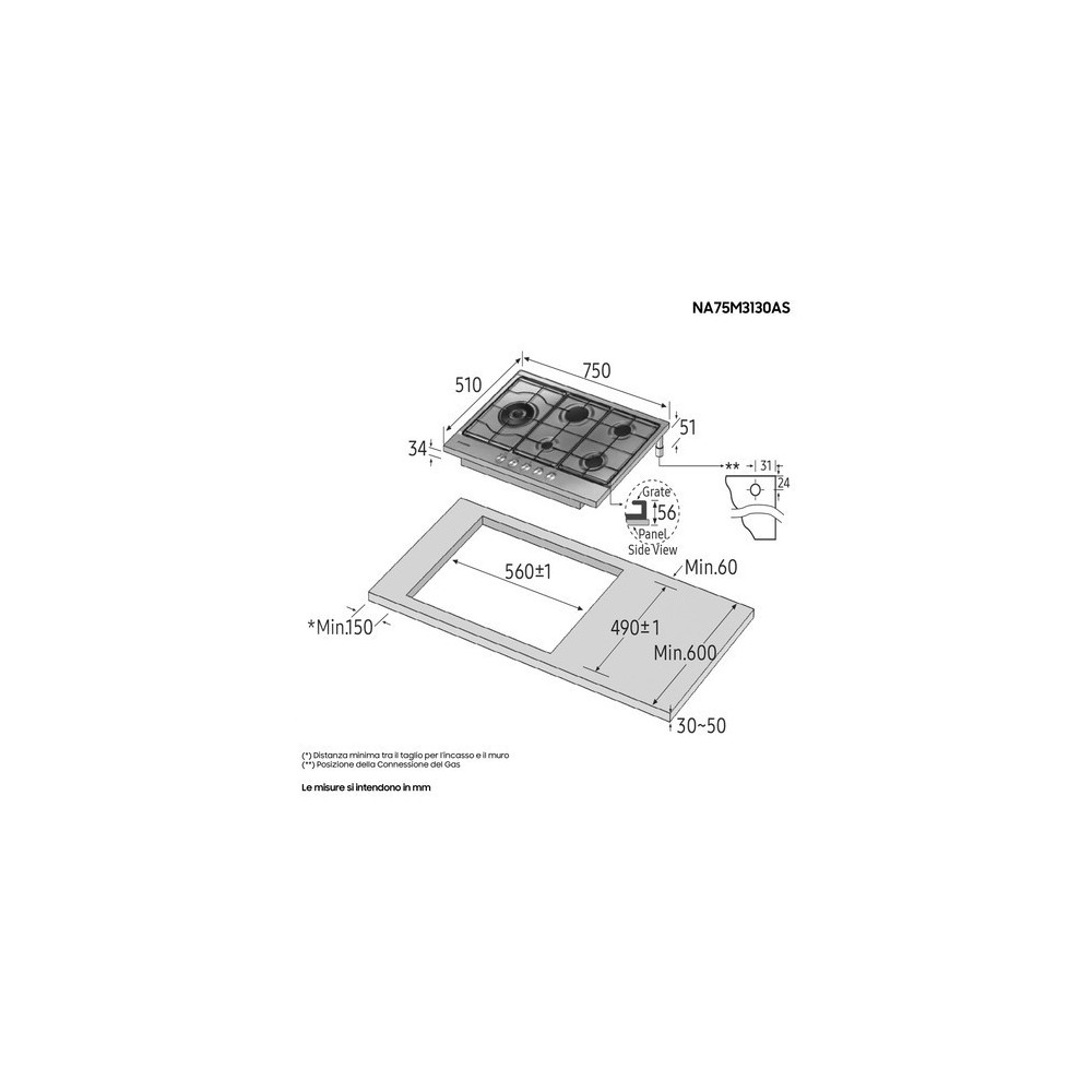 Samsung NA75M3130AS: Piano Cottura a Gas 75cm, 5 Bruciatori | Duegstore