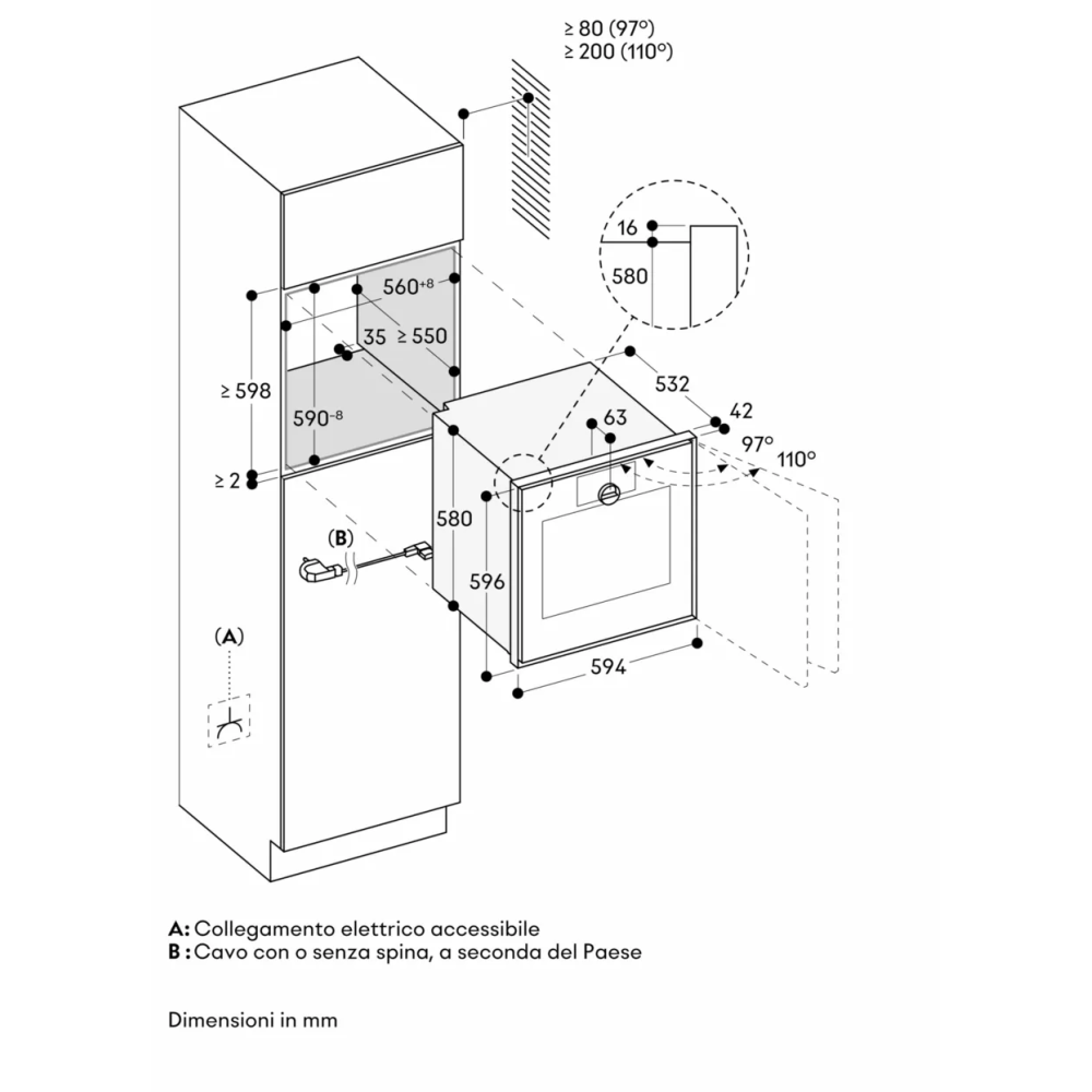 technisches design Gaggenau GO450120 Backofen 60cm, Elektronisches Öffnen, rechte Scharnier