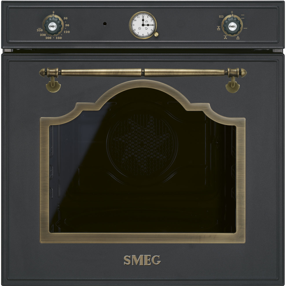 Vista frontale del forno Smeg SF67C1AO in colore antracite con maniglie
