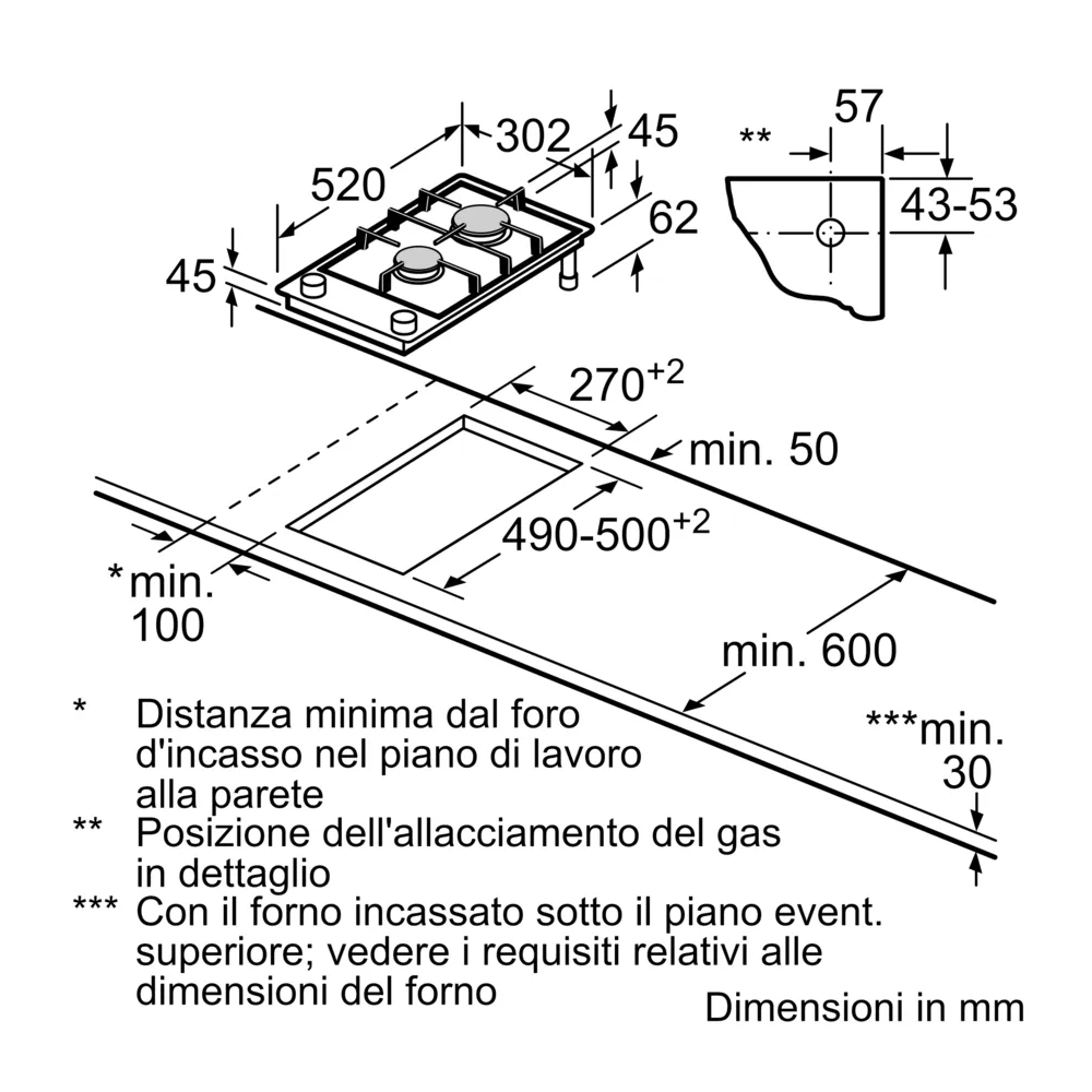 SIEMENS ER3A6BI40 Piano Cottura Gas Domino 30cm stepFlame Vetro Nero