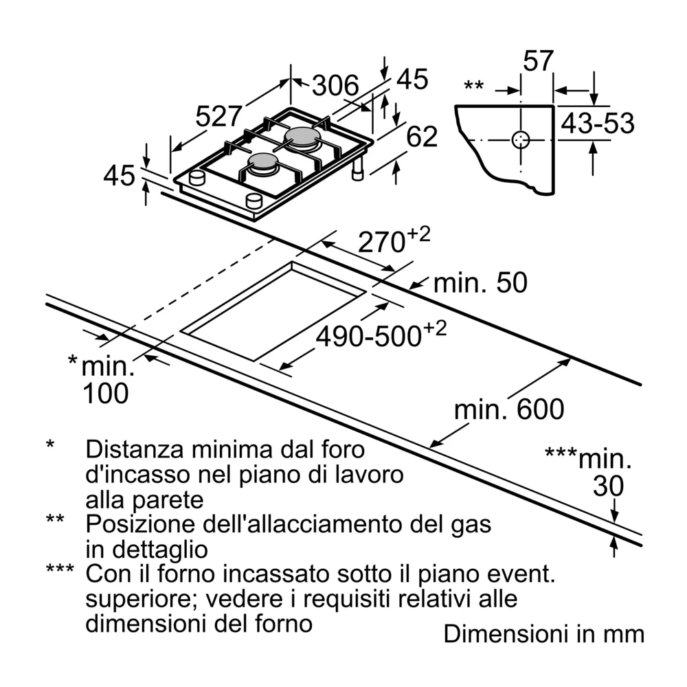 BOSCH PRB3A6I40 Cotttura Gas Domino 30cm FlameSelect Black Glass