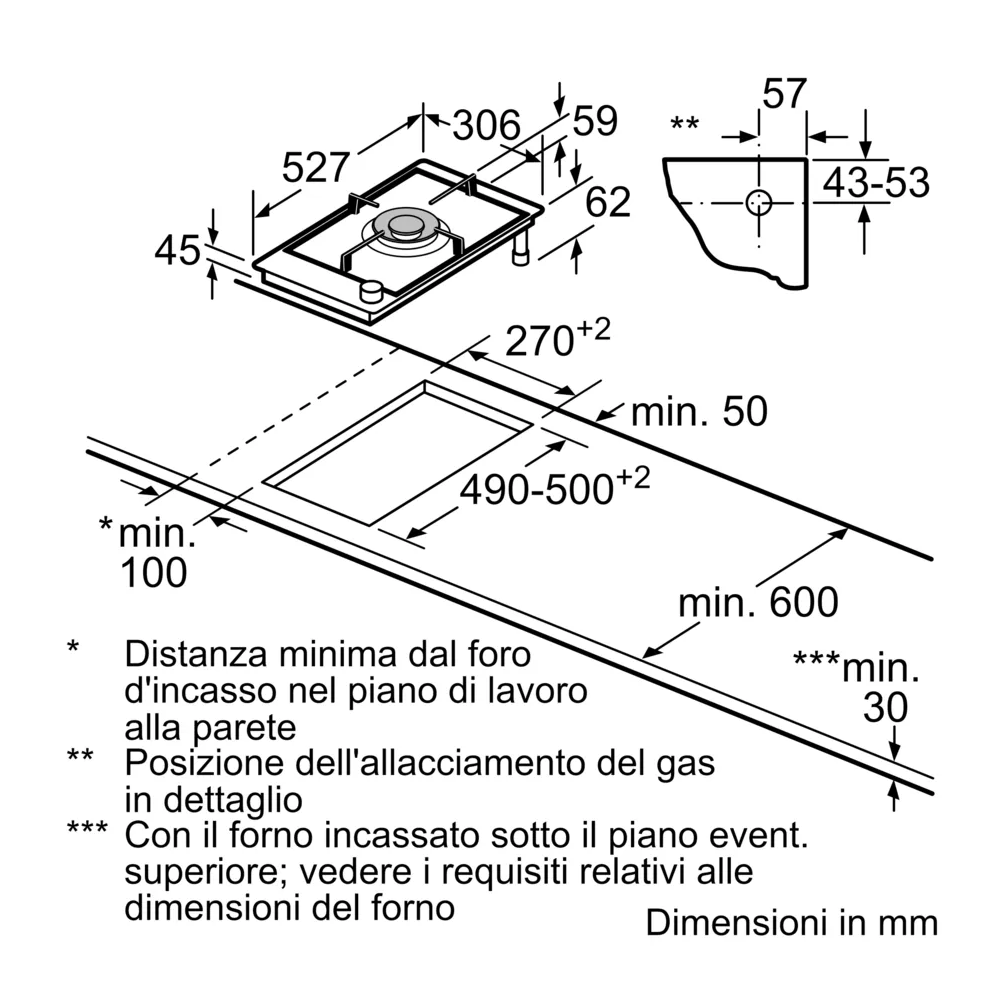 BOSCH PRA3A6I10 Piano Cottura Domino Gas 30cm Wok 6.0kW FlameSelect