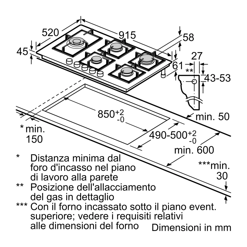 BOSCH PRS9A6H40 Gas Cooking Floor 90cm 5 Fuochi Wok 5kW Inicio Conectar