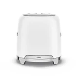 Weißer SMEG Toaster - Detailaufnahme von Hochglanz-Chrom, Drehknopf und Edelstahl-Schiebehebel