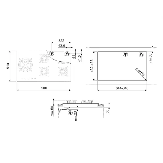 Smeg PV395LN Piano Gas 90cm Vetro Nero Dual 4kW Laterale