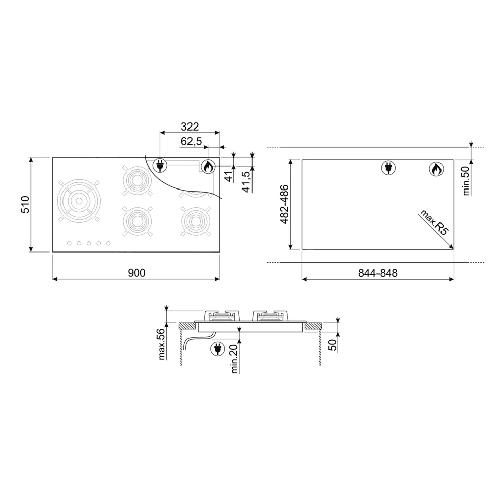 Smeg PV395LN Piano Gas 90cm Vetro Nero Dual 4kW Laterale